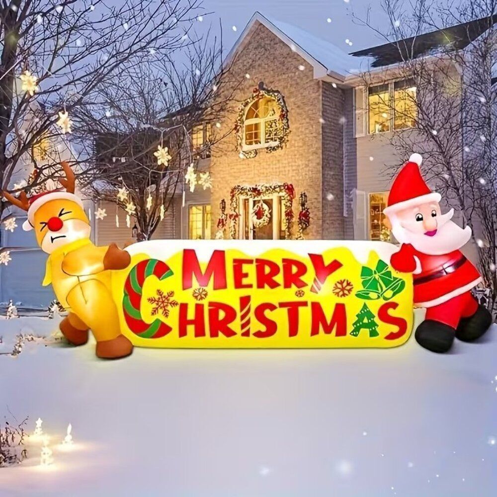10FT Inflatable Outdoor Decorations Merry Christmas Banner w Santa & Reindeer